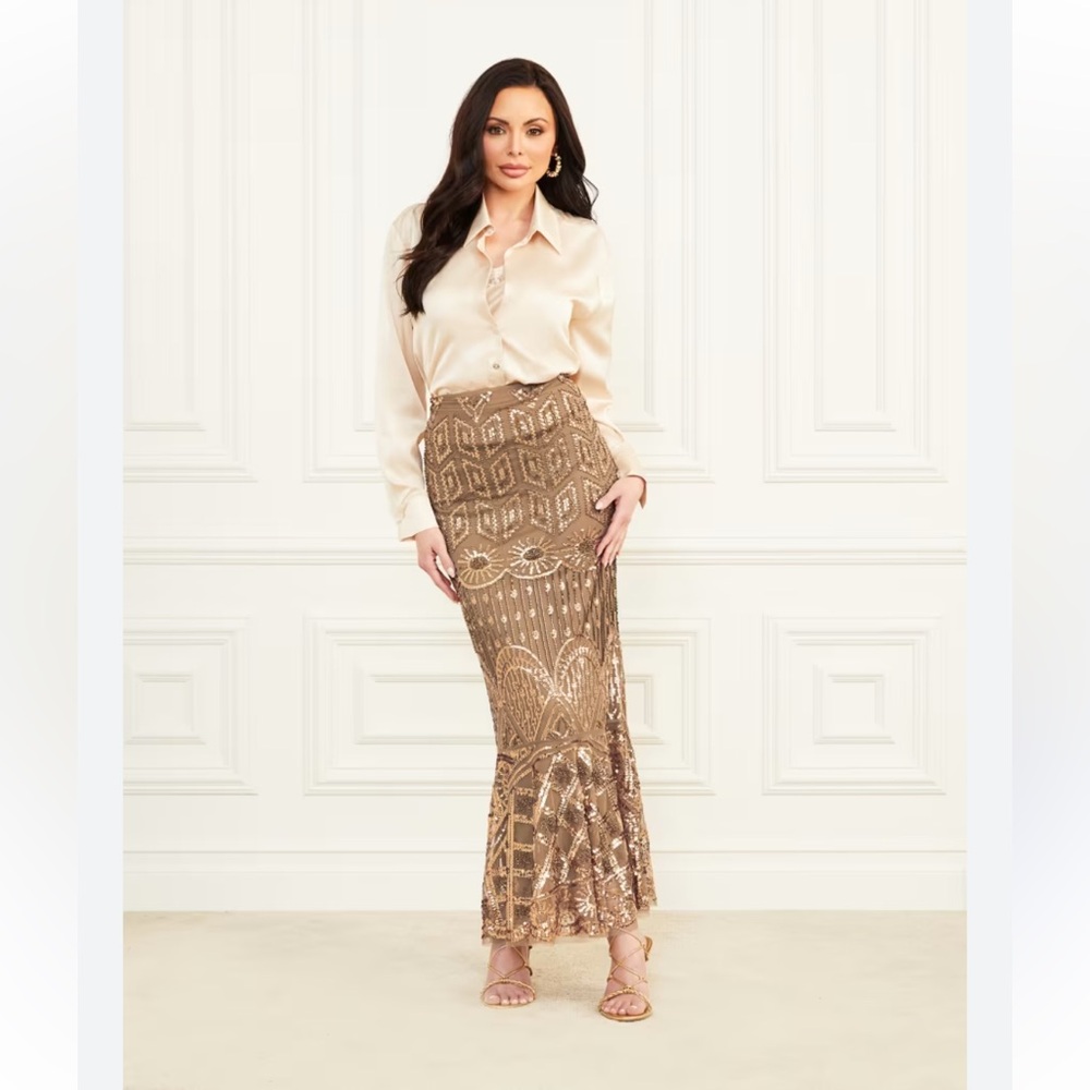 Marciano Elegant Gold Sequin Maxi Skirt - Size L